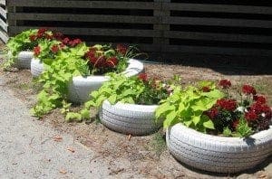 Flower planters made out of recycled tires.